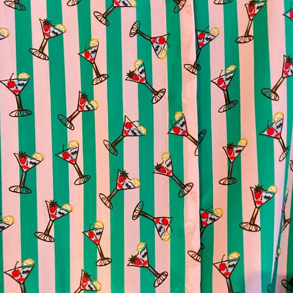 Alice & Olivia Willa Silk Shirt Martini Print Pale Pink & Green Stripes - Large - Picture 6 of 7